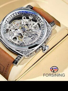 Men’s Square Skeleton Automatic Watch | Retro Self-Wind Mechanical